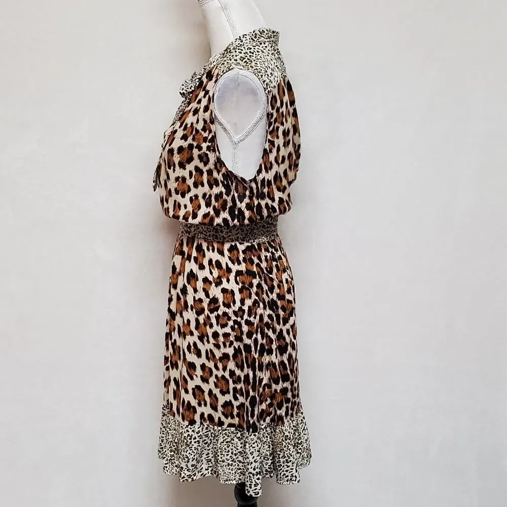 LEOPARD Cheetah Print Tie-Neck Smocked Waist Sleeveless A-line Mini Dress Large